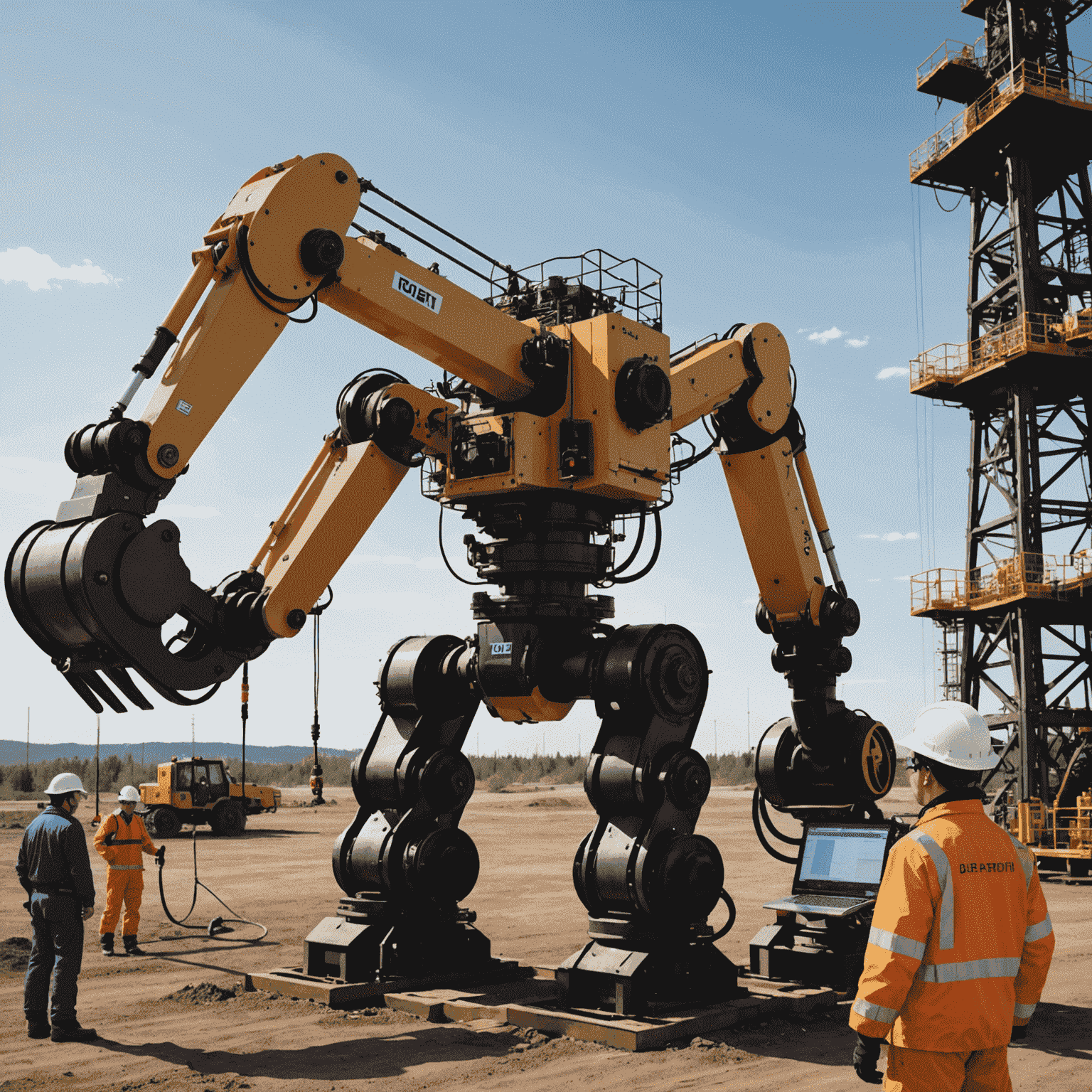 Advanced robotic system operating in a Canadian oil field, with workers in safety gear monitoring from a distance. The robot is performing a complex extraction task amidst oil derricks and pipelines.