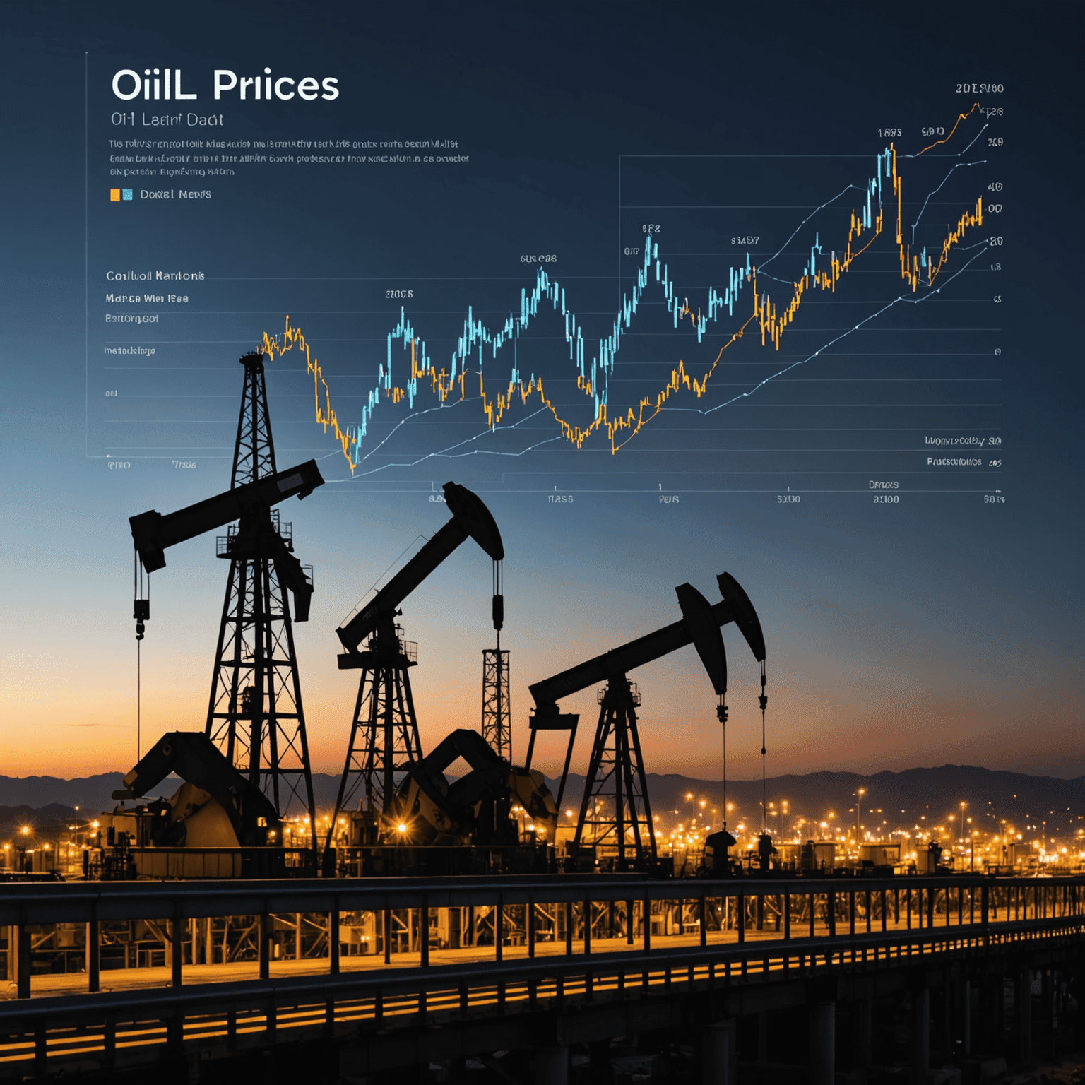 Graphical representation of a machine learning model predicting oil prices, showing input data streams, neural network layers, and output predictions