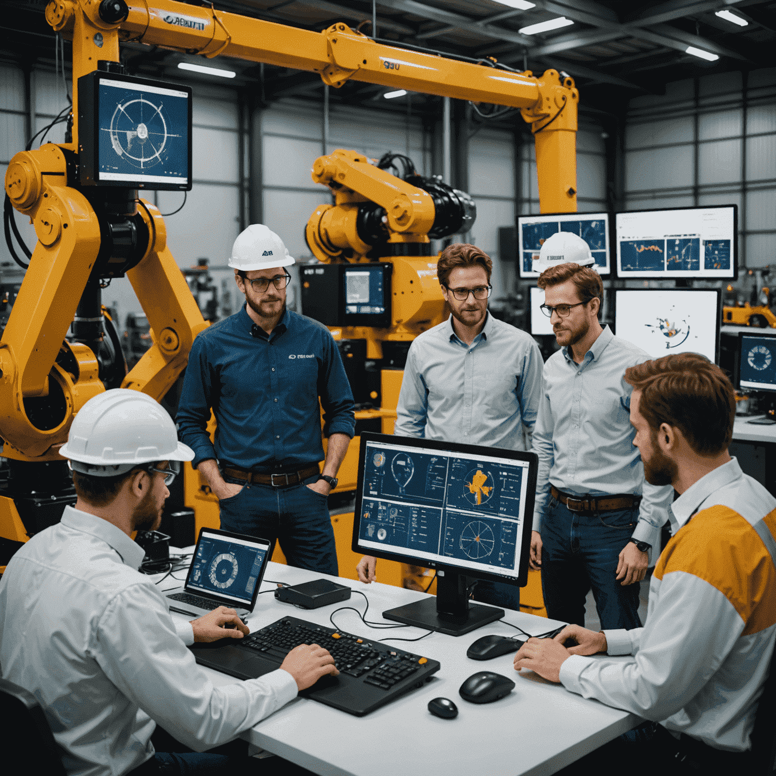 A team of diverse Canadian engineers programming an AI-powered robotic system for oil extraction, with screens displaying complex algorithms and 3D models of oil fields.