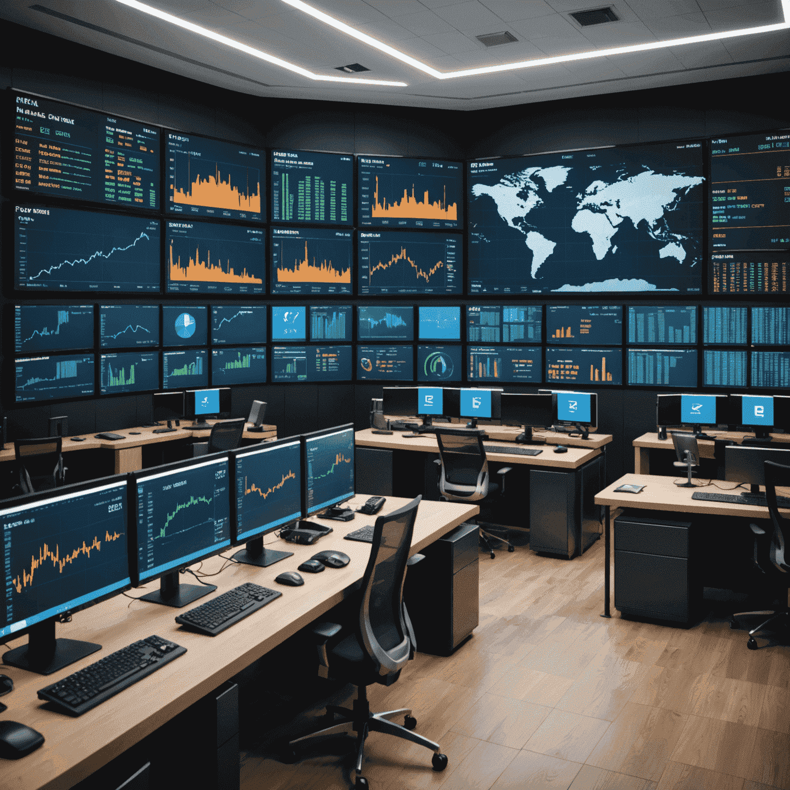 Futuristic trading floor with AI-powered screens showing oil market trends